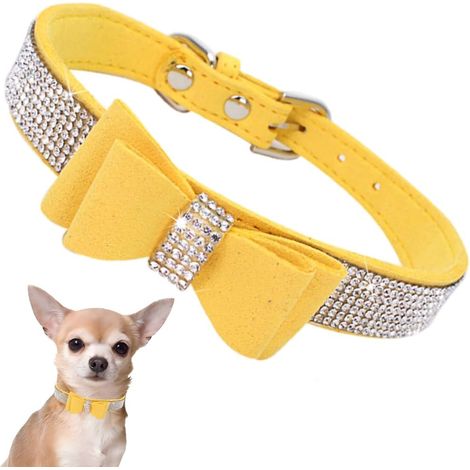 Collier pour Petit Chien Chiot et Chat Chaton avec Nœud Papillon Paillette Strass Luxe Diamant Cristal Princesse Fantaisie - Jaune XS (1/5)