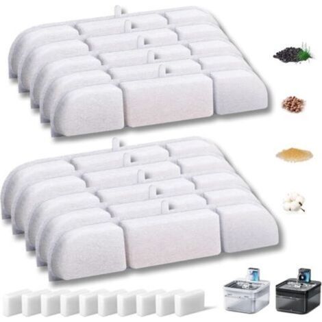 20-Pack Cat Water Fountain with Flower Filters, 10 Carbon Filters and 10 Foam Sponges for 2.5L Battery Operated Cat Water Fountains (DPWFP6) with Resin and Activated Carbon