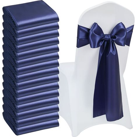 Rubans de chaise en satin avec nœuds, lot de 50 attaches dorsales, 7 x 108 pouces, bleu marine, décoration réception mariage, cérémonie, baby shower, fête, banquet (1/5)