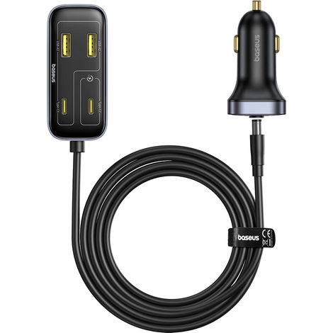 Caricabatterie da auto Baseus BackseatPal L1 da 110 W con 3 porte USB-A + 3 porte USB-C e cavo di prolunga da 1,5 m - Nero