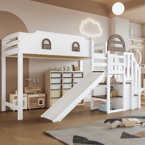 Lit superposé enfant avec fenêtre, toboggan, escalier avec rampe, 2 casiers intégrés, design polyvalent, nombreux rangements, pin et MDF, blanc et marron, 90x200cm, garantie 2 ans
