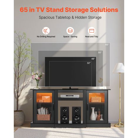 Meuble TV pour Télévision jusqu’à 165 cm, Banc TV Moderne en Bois, Centre de Divertissement avec Bande Lumineuse, Portes et Étagère… (1/5)