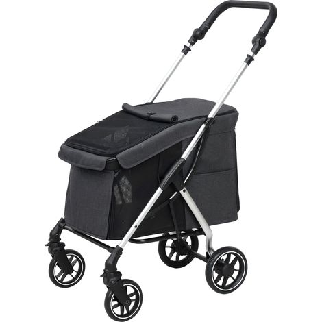 Poussette pour chien 4 roues légère flexible coussin lavable laisse sécurité fenêtres mailles gris