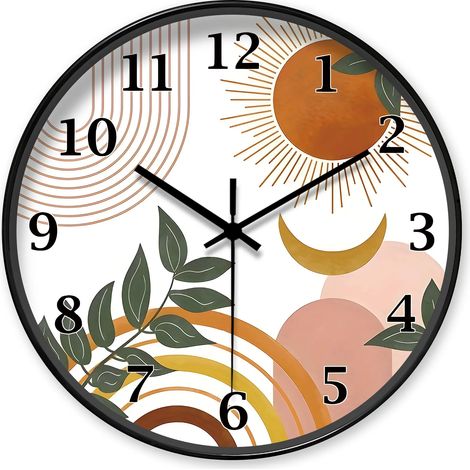 Horloge murale ronde (12 pouces) sur le thème de la nature avec des décorations de soleil, de lune et de feuilles (piles non incluses) (1/5)