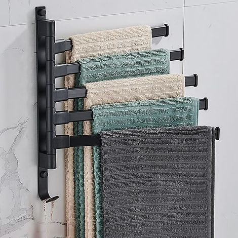 Porte-serviettes mural pivotant 180° avec 5 bras adhésif sans perçage noir, support pratique pour serviettes salle de bain et cuisine (1/5)