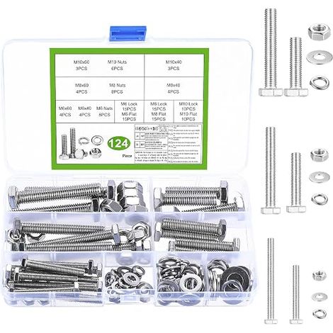M6 M8 M10 Bolts Nuts Hex Head Screws Nuts with Flat Spring Washers Stainless Steel Six Machine Screws for Furniture Cars Bikes (1/5)
