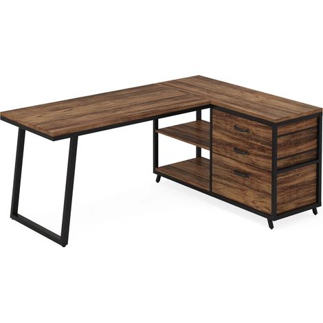 Escritorio esquinero en L con almacenaje, 135 x 100 x 75 cm, madera y metal, negro y marrón