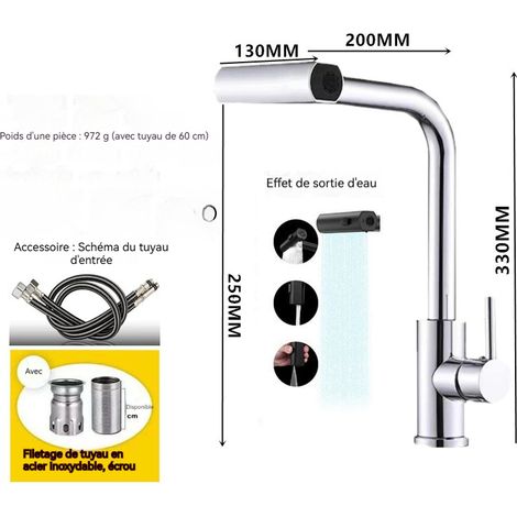 Robinet mélangeur de cuisine 4 modes de jet d’eau – rotation à 360°, double contrôle chaud‑froid, acier inoxydable