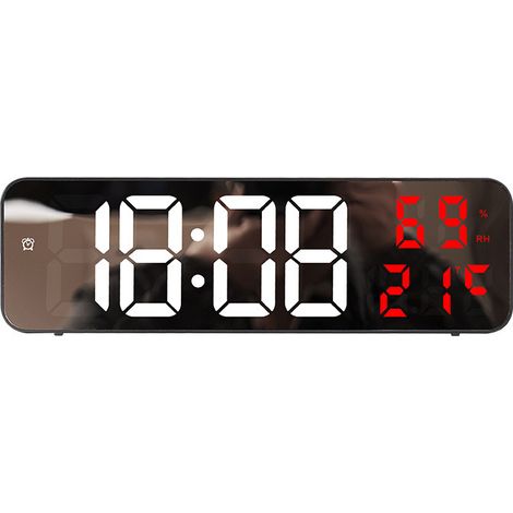 Réveil électronique avec grand écran miroir, affichage numérique LED, réveil de chaise, réveil électronique à brancher - boîtier noir, blanc et rouge. (1/3)