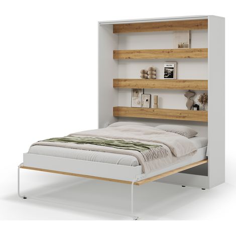Lit escamotable vertical DIVO – Armoire lit 2 places avec bibliothèque intégrée-Chêne clair-160x200 (1/5)