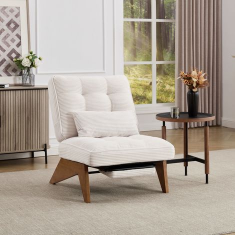 REDOM Poltrona lounge, schienale regolabile, cuscino lombare, gambe in legno massello, tessuto a coste beige