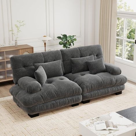 Canapé d'angle modulable luxueux - Canapé nuage surdimensionné en forme de L pour salon, canapé-lit profond avec pouf, velours côtelé, chenille grise