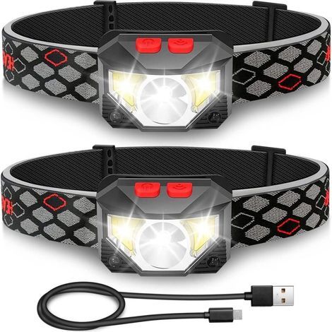 LED-Stirnlampe, 2er-Pack, superhelle Lampe mit Bewegungssensor, 1000 Lumen, 10 Modi, 1200 mAh, USB-aufladbar, wasserdichte Taschenlampe, ideal für Camping, Wandern, Angeln und Arbeit [Klasse (1/5)