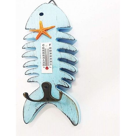 Thermomètre Analogique Thermomètre Mural En Bois Poisson Bleu Double Crochet à Clé