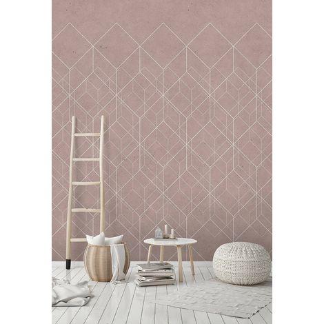 Papier peint panoramique géométrique blanc & vieux rose | Tapisserie panoramique moderne rose pastel | Papier peint panoramique graphique style scandinave - 270 x 400 cm (4 pièces) (1/5)
