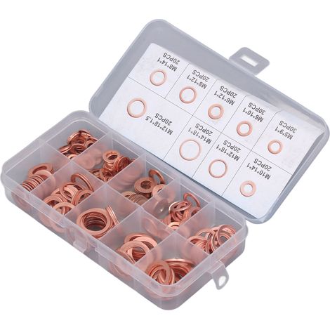 200 pièces joints de bouchon de vidange en cuivre rouge, traitement thermique, 9 tailles, rondelles d'étanchéité pour huile M5-14 (1/5)