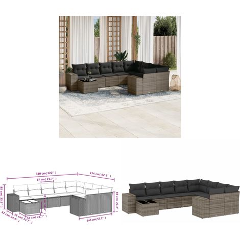 Salon de jardin avec coussins 10 pcs gris résine tressée - Ensemble Salon De Jardin - Meuble De Jardin - Résine Tressée - Rotin Synthétique - Mobilier Extérieur - Home & Living (1/3)