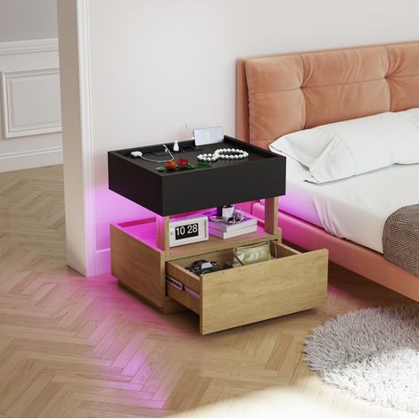 Mesita de noche con carga inalámbrica, LED, USB, 2 cajones, negro y madera DESVIAE (1/5)