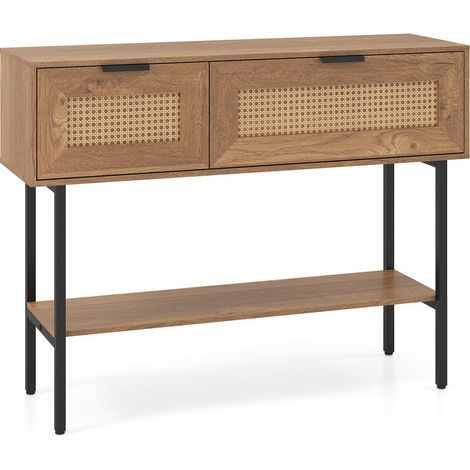 Tavolino consolle in stile boho con 2 ripiani e vano a giorno, colore naturale.