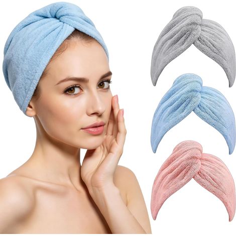 Set di 3 asciugamani per capelli in microfibra, super morbidi, con cuffia ad asciugatura rapida, anti-crespo, spessi e super assorbenti, ideali per capelli ricci o lunghi. (1/5)