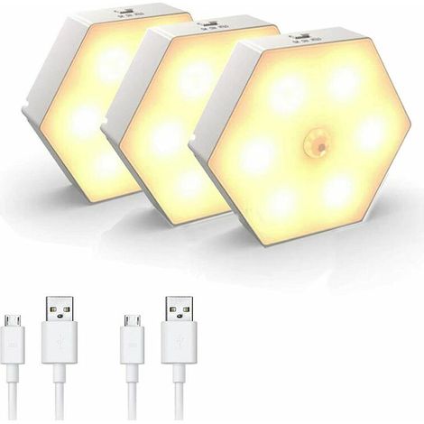 Veilleuse avec Détecteur de Mouvement [Lot de 3],avec Automatique On/Off LED Veilleuse, Lampe de chambre à coucher/Armoire,USB Rechargeable Lampes de Nuit. (1/5)
