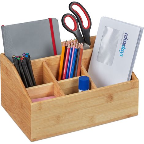 Relaxdays Desk Organiser, Bamboo, 6 Compartments, Pen Holder Office and Home, H x W x D 14 x 28 x 20 cm, Natural