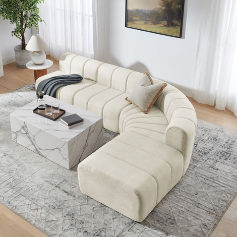 Divano angolare modulare beige in ciniglia, configurazione libera e moduli multifunzione (1/5)