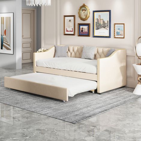 Lit gigogne 90x200 / 180x200 cm, lit banquette 2 places avec sommier à lattes, velours capitonné, lit extensible, lit escamotable - Beige