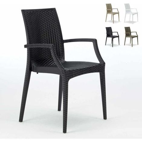Grand Soleil – Fauteuil de jardin empilable en poly-rotin – Accoudoirs ergonomiques – Résistant aux UV – Pour bars et restaurants – Noir