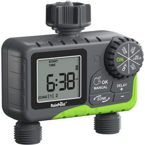 RAINPOINT-Minuterie d'eau pour tuyau d'arrosage, système de contrôleur d'irrigation automatique, 2 zones de retard de pluie, arrosage manuel (1/5)