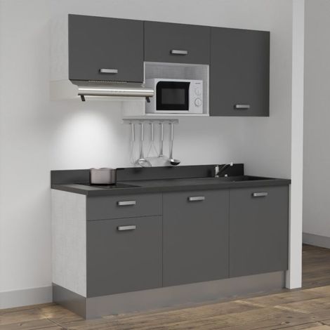 Kitchenette K30L - 180 cm - emplacements micro-ondes et hotte-Gris-Nero-évier à droite (1/5)