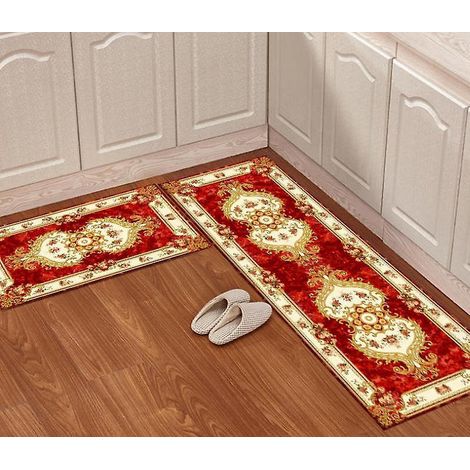 (red)2 Pieces Non-slip Crystal Velvet Floor Mats For Kitchen, Waterproof And Oil-proof, Can Be Scrubbed (1/3)