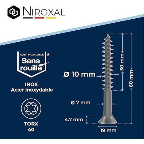 Vis bois inox A2 10 mm x 60 mm – filetage partiel – tête fraisée 90° – TX – vis charpente bois (1/4)