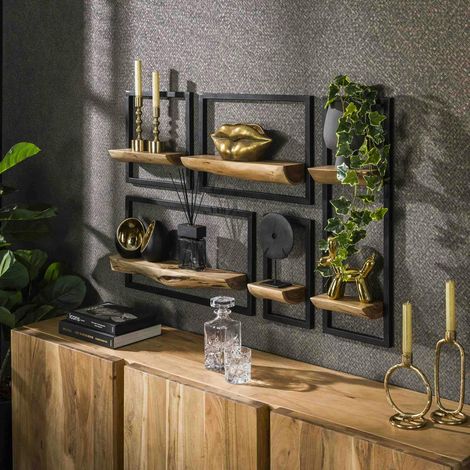 Pier Import – Lot de 5 étagères murales en bois d'acacia et métal – Dimensions 25x15x75 cm – Fixation par œillets – Finition bords naturels (1/5)