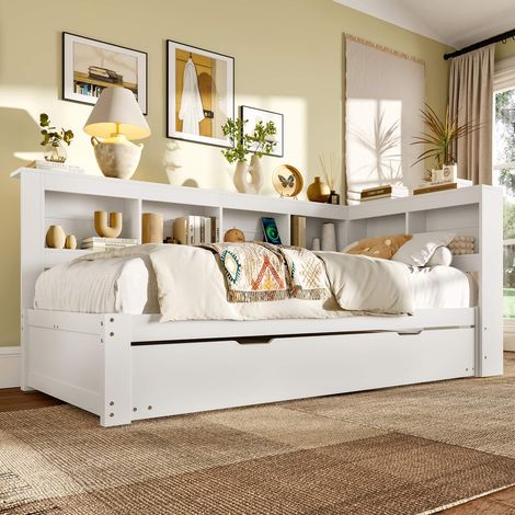 Lit banquette 90x200 cm avec lit gigogne 90x190 cm, prise électrique, 2 ports USB, rangements, sommier à lattes, pin blanc, sans matelas (1/5)