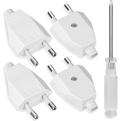 4PCS Fiche Européenne Plate,Fiche mâle,Prise Electrique Male 250V2.5A avec Tournevis, Matériau PP, D'alimentation Domestique Décorative à Encastrer ou à Remplacer(Blanc) (1/5)