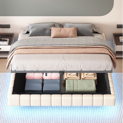 Cama doble tapizada 180x200 con LED y almacenaje beige OKMYHOME (1/5)