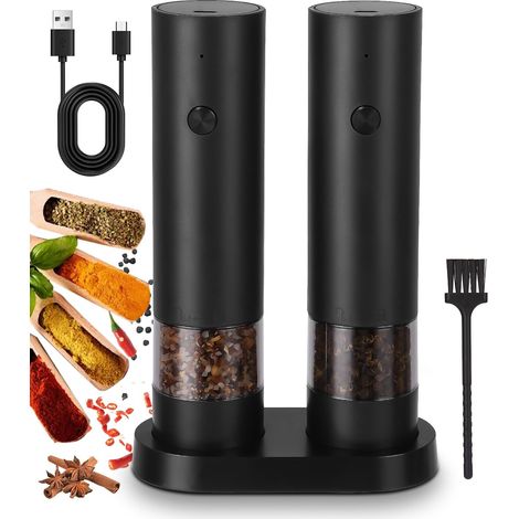 Set of 2 Salt and Pepper Mill Electric Salt and Pepper Mills Set Automatic Pepper Mill Adjustable Coarseness Spice Mill with Cleaning Brush Base for BBQ Restaurant Kitchen (1/5)