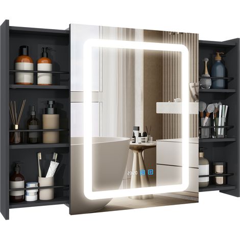 Armoire de salle de bain murale Puluomis avec miroir LED, miroir de courtoisie éclairé, température de couleur réglable, affichage de l'heure et de la température, fonction antibuée. Adulte, Salle de (1/5)