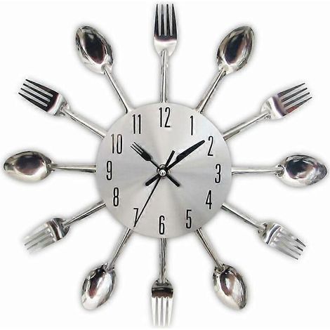Keukenklok met spiegeleffect, lepel en vork, 32x32x4 cm, metallic zilver (1/5)