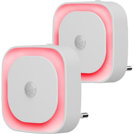 2 Pcs Veilleuse Prise Électrique avec Détecteur de Mouvement, 3 modes de capteur, Luminosité réglable, pour les enfants, salle de bains, chambre à coucher, couloir, cuisine, Rouge (1/5)
