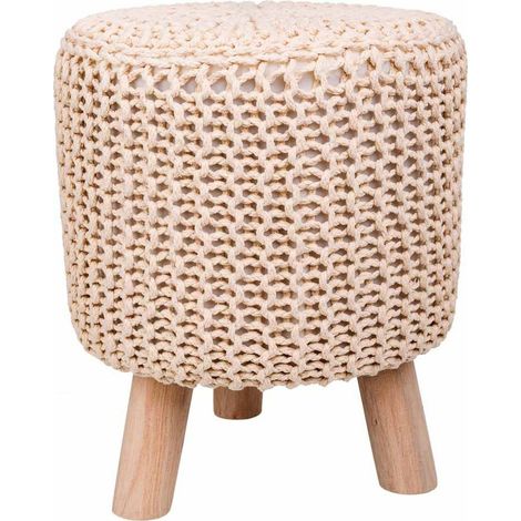 tabouret rond crème en bois et coton style bohème - crème naturel et bois clair (1/5)
