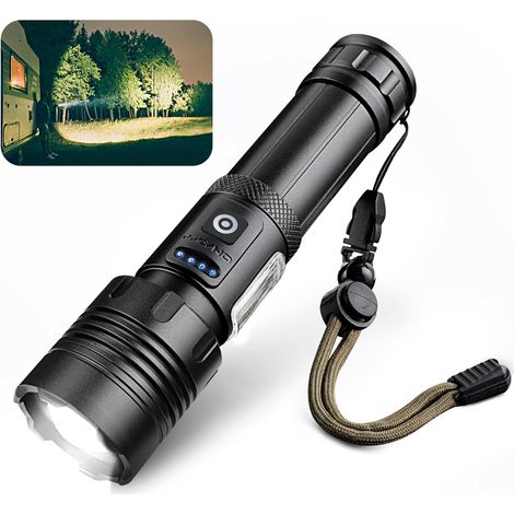 Extrem leistungsstarke LED-Taschenlampe mit 10.000 Lumen, wiederaufladbar über USB-C, 7 Leuchtmodi, Zoomfunktion, wasserdicht nach IPX4 für Camping und Outdoor-Aktivitäten