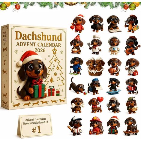 Calendrier de l'Avent Teckel 2026 – 24 jours de figurines de chiens en 3D et de décorations de Noël (1/4)