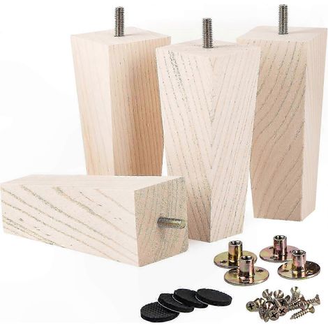 Pieds de meubles en bois de frêne garnis d'or, ensemble de 4, pieds de remplacement coniques de style médiéval avec boulons M8, carrés de 8 pouces (20 cm). (1/5)