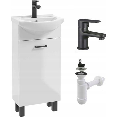 Waschtischunterschrank – 40 cm – Hochglanzweiß – Freistehend – Schwarze Armatur