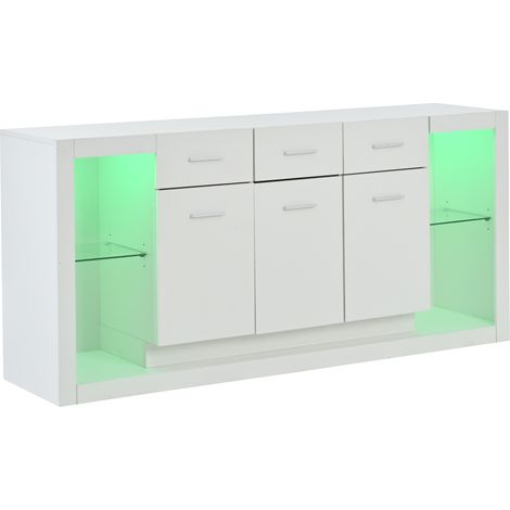Buffet de salon blanc avec éclairage LED, bahut blanc brillant 160 cm, 3 tiroirs, 3 portes et 14 compartiments de rangement (1/5)