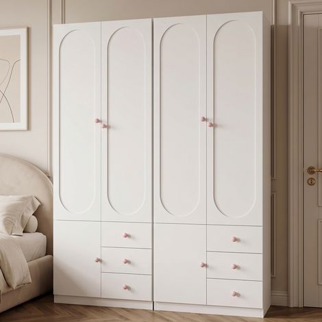 Armoire deux portes avec tiroirs, ensemble armoire, meuble de rangement pour chambre, avec tringle à vêtements, poignées en céramique rose, finition laquée blanche, 50 x 80 x 200 cm, lot de 2 (1/5)