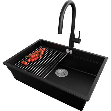 PRIMAGRAN Evier Cuisine en Granit 66x47cm, Lavabo 1 bac + Robinet 40x20cm + Kit de Vidage + Accessoire, Évier à Encastrer au meuble 70cm - Prague Slim, Noir (1/5)