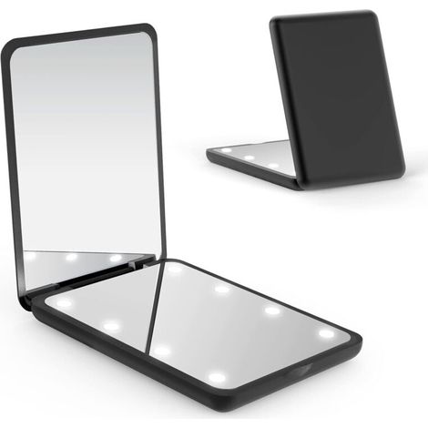 Miroir de poche, miroir compact à LED, miroir grossissant 1x/2x avec lumière, miroir pliable à double face, miroir compact éclairé pour sac à main, cadeaux (noir)
